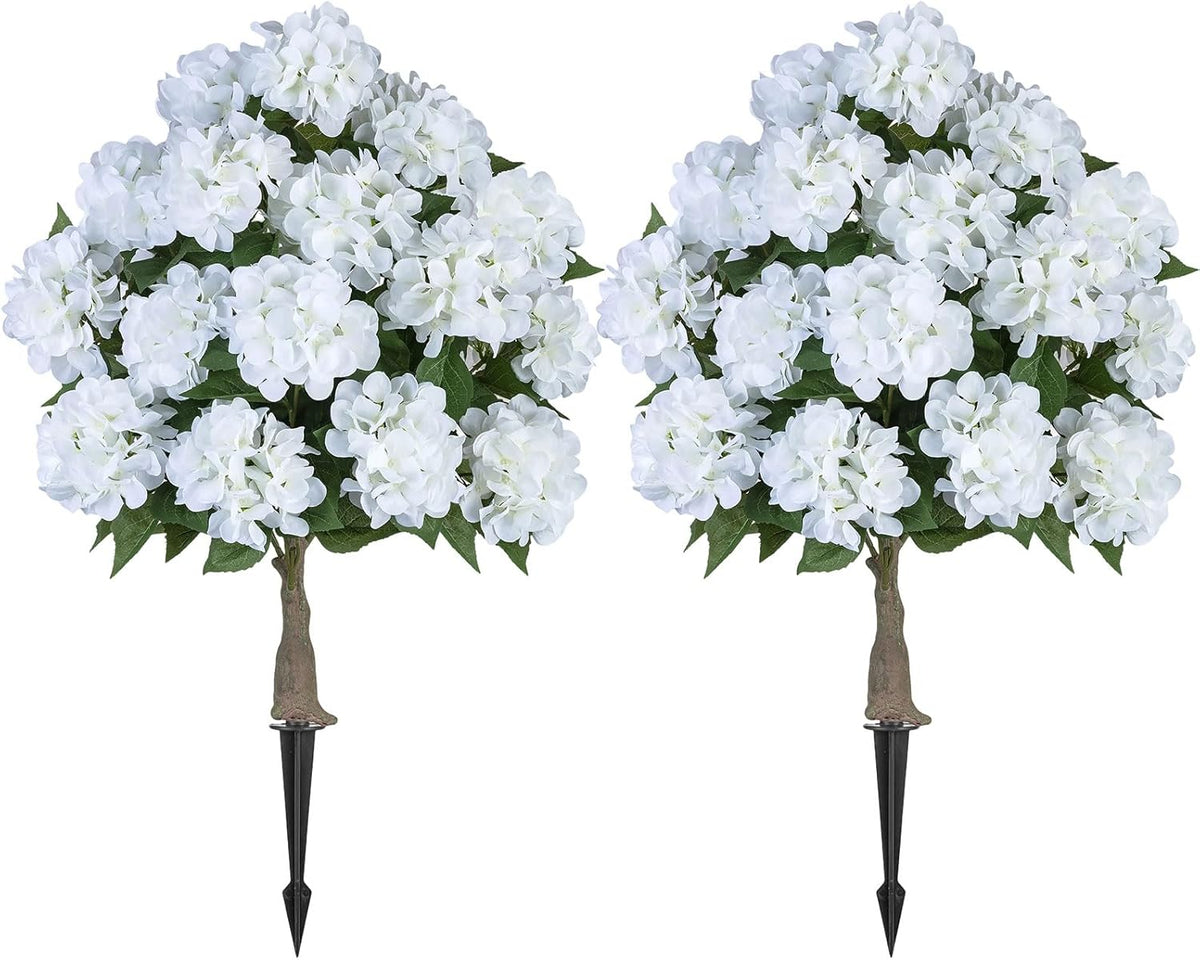 BLOSMON Hydrangea Topiary Trees Artificial - Outdoor 2 Packs 33" Pink Fake Flower Ball Tree for Front Porch Planters Urns Decor - 20 Heads Faux Hydrangea Bush Plants with Spike for Garden Yard Patio