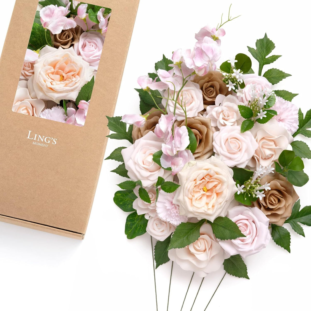 Ling's moment Fake Flowers Box, Faux Artificial Greenery Stems Foam Roses Poppy Gardenia Silk Hydrangea Peony Fabic Flower for Centerpieces Bouquet Wedding Floral Vase, English Pastel, Deluxe Combo