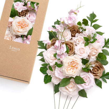Ling's moment Fake Flowers Box, Faux Artificial Greenery Stems Foam Roses Poppy Gardenia Silk Hydrangea Peony Fabic Flower for Centerpieces Bouquet Wedding Floral Vase, English Pastel, Deluxe Combo