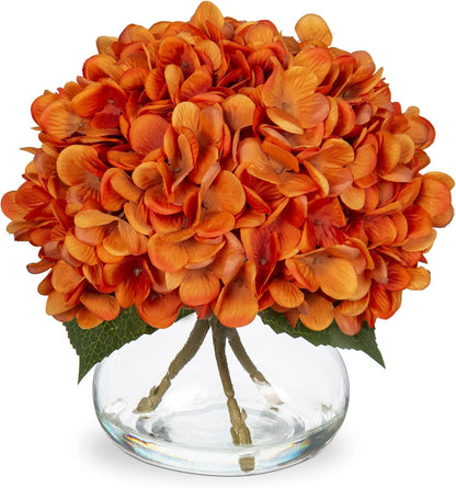 Hollyone Hydrangea Artificial Flowers with Vase White Silk Fake Flowers Arrangements in Glass Vase with Faux Water for Home Bathroom Office Table Centerpiece Shelf Decorations