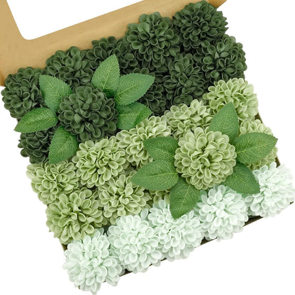 Artificial Flowers, 25 Pcs Realistic Artificial Rose for DIY Wedding Bouquets Centerpieces Arrangements, Sage Green Dahlia Flowers with Stem for Bridal Shower Party Home Decorations