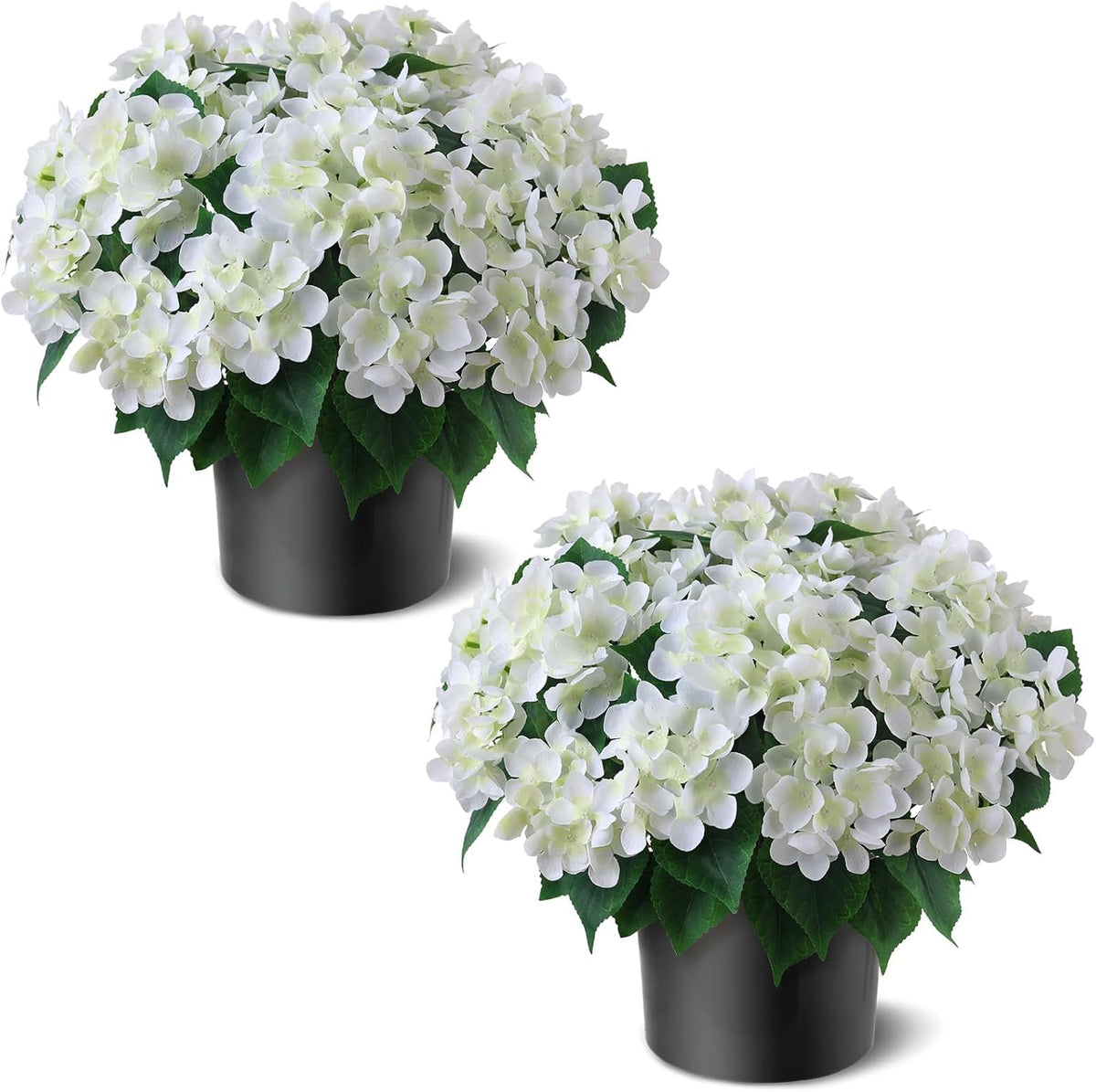 Artificial Hydrangea Flower Topiary Trees - 2 Sets Faux Silk Flower Potted Plant, UV Resistant Fake Outdoor Hydrangea Bush for Front Door, Farmhouse, Garden, Porch Decor (White)