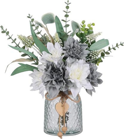 Faux Flowers with Vase, Artificial Silk Flowers in Vase, Fake Plant Eucalyptus and Willow, Flower Arrangement for Home Farmhouse kitchen Dining Table Centerpiece Decorations Coffee Table Decor (White)