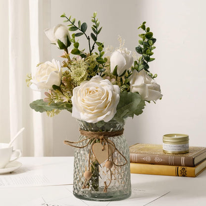 YJ Fake Flowers with Vase, Silk Roses Artificial Flowers in Vase, Faux Flower Plant Arrangement Suitable for Home Office Decoration, Dining Table Centerpiece(White)