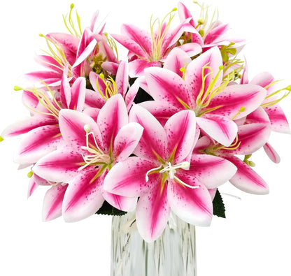 4 Bundles Artificial Tiger Lily Silk Flowers Faux Fake Lilies Plants for Wedding Bouquet Home Party Indoor Table Hotel Office Vases Floral Arrangements Outdoor Garden Decor (Pink)