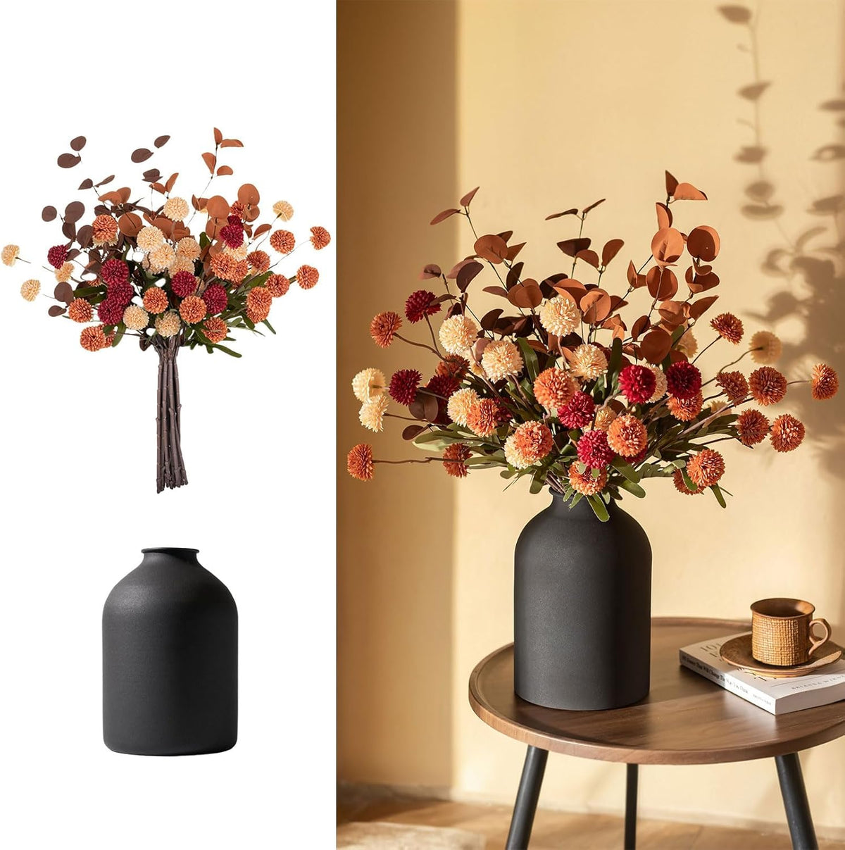 BLOSMON Fake Flowers in Vase for Centerpieces: Metal Vase with 12 Stems of Artificial Mums Kiku Flowers Eucalyptuses Home Table Decor - White Faux Pom Poms Floral Arrangements for Living Room