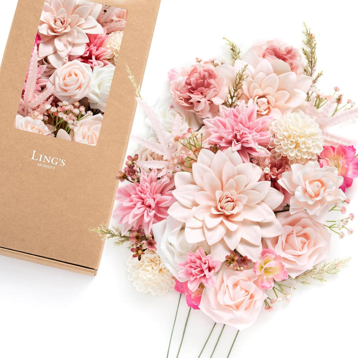 Ling's moment Fake Flowers Box, Faux Artificial Greenery Stems Foam Roses Poppy Gardenia Silk Hydrangea Peony Fabic Flower for Centerpieces Bouquet Wedding Floral Vase, English Pastel, Deluxe Combo