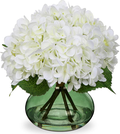 Hollyone Hydrangea Artificial Flowers with Vase White Silk Fake Flowers Arrangements in Glass Vase with Faux Water for Home Bathroom Office Table Centerpiece Shelf Decorations