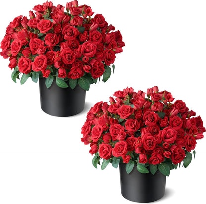 2 Set of Artificial Rose Topiary Trees - Faux Silk Flower Potted Plant, UV Resistant Fake Outdoor Rose Bush for Front Door, Farmhouse, Porch, Garden Decor (Pink)