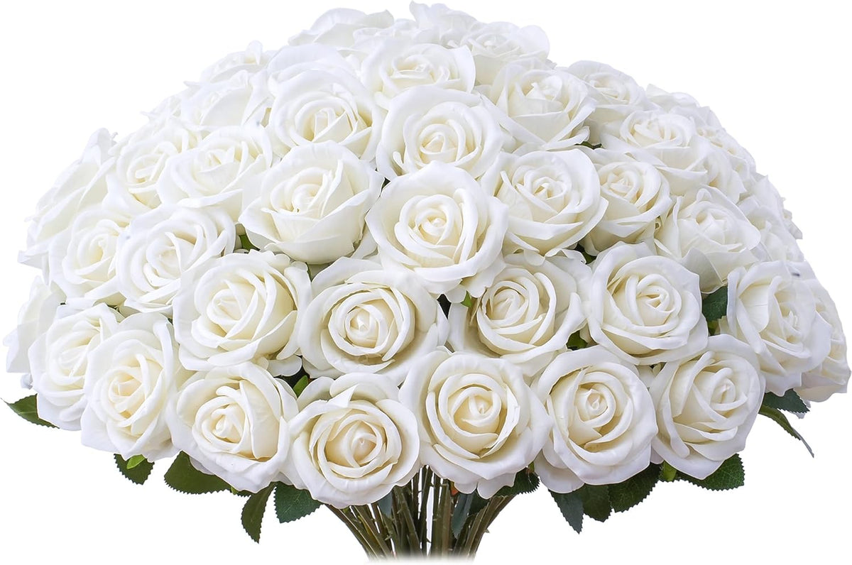 50 PCS Fake Pink Roses, Artificial Flowers Bulk Realistic Silk Faux Rose with Stems for Wedding Decoration Bridal Bouquet Birthday Celebrations DIY Floral Arrangement Home Decor
