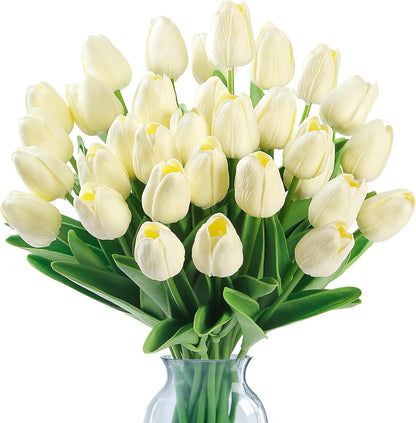 Sggvecsy 30 Pcs Fake Tulips Artificial Flowers Real Touch PU Faux Flowers Tulip Stems for Wedding Spring Bouquet Floral Arrangement Home Office Party Decorations for Mother's Day (Multi Colors)