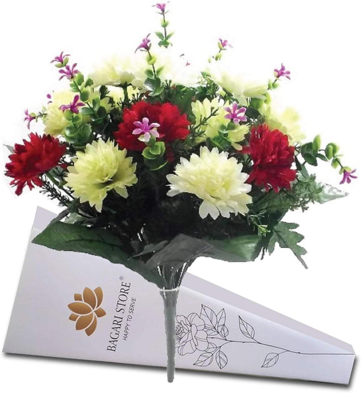 Bagari Artificial Flowers, Large Mixed Bush Grave Flowers, 16 inch Fake Flowers for Decoration, Ivory - Light Green - Red Artificial Flowers for Outdoor & Indoor Events Wedding Party Home Decoration