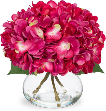 Hollyone Hydrangea Artificial Flowers with Vase White Silk Fake Flowers Arrangements in Glass Vase with Faux Water for Home Bathroom Office Table Centerpiece Shelf Decorations