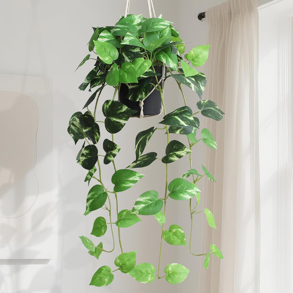 Fake Pothos Hanging Plants - 33" Set of 2 Artificial Silk Ivy Vines with Pots, Realistic Faux Greenery for Indoor Home Office Bathroom Decor, Low Maintenance Hanging Plant Decoration - Golden Green