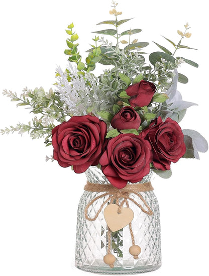 Faux Flowers with Vase, Artificial Silk Roses in Vase, Fake Plant Eucalyptus Flower Arrangement for Home Office Farmhouse Bathroom Dining Table Centerpiece Decorations Coffee Table Decor (White)