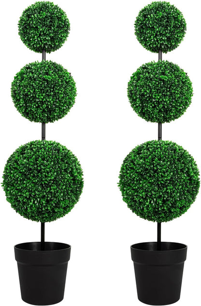 3FT UV-Resistant Artificial Triple Ball Boxwood Topiary Set of 2, All-Weather Outdoor & Indoor Decor for Garden, Porch, Entryway