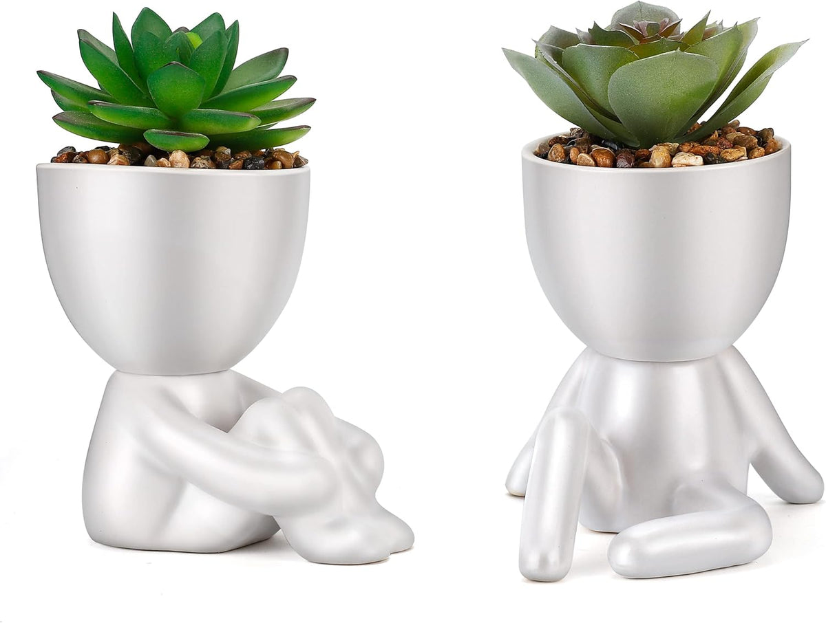 Fake Succulent, Mini Succulents Plants Artificial in Black Modern Human Shaped Ceramic Pots Desk Decor Desk Plant for Office Decor for Women, Cute Fake Plants Bathroom Decor 2PCS