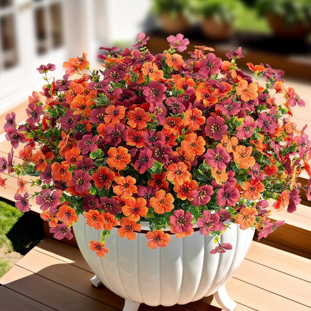 Artificial Fake Mums Flowers for Outdoor Spring Summer Decor, 12 Bundles Faux Silk Plants Daisy for Planter Pot Colorful UV Resistant Look Real for Front Door Porch Patio Outside Yard(Red Pink)
