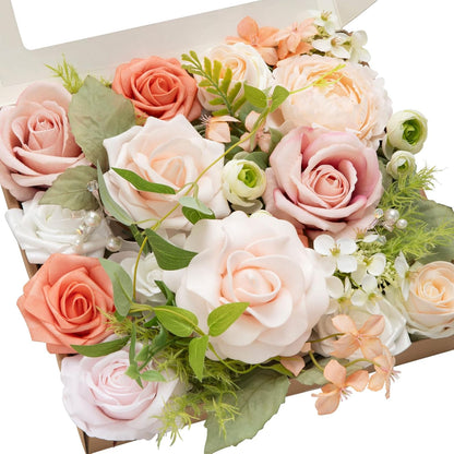 Ling's moment Fake Flowers Box, Faux Artificial Greenery Stems Foam Roses Silk Peony Ranunculus Fabic Flower for Centerpieces Bouquet Wedding Vase Floral Decorations, Garden Blush, Deluxe Combo