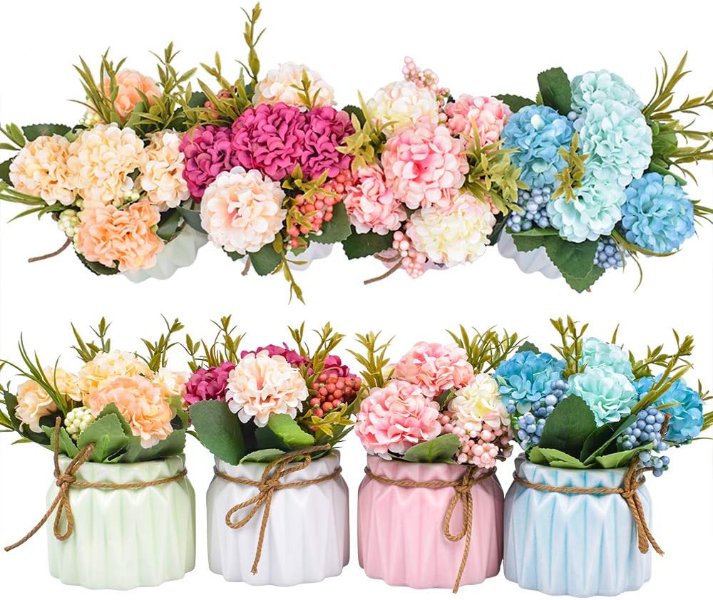 Artificial Flower Plants – Mini Fake Hydrangea Flowers in Pot for Home Decor Party Wedding Office Patio Table Desk Decoration, Set of 4, Size: 3.3"(Diameter) x 5.5"(Tall)