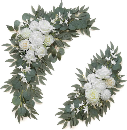 2-Pack Sage Green & White Wedding Flower Swag Set, Large: 35.43"L x 14.56"W, Small: 24.80"L x 12.99"W, Artificial Flowers for Wedding Arch, Ceremony, Table Centerpieces, Wall Hanging