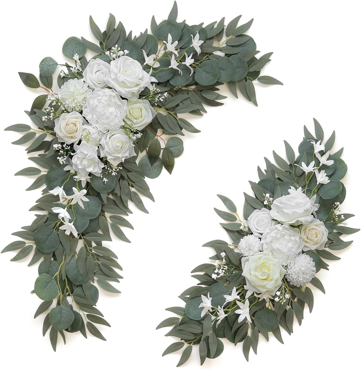 2-Pack Sage Green & White Wedding Flower Swag Set, Large: 35.43"L x 14.56"W, Small: 24.80"L x 12.99"W, Artificial Flowers for Wedding Arch, Ceremony, Table Centerpieces, Wall Hanging