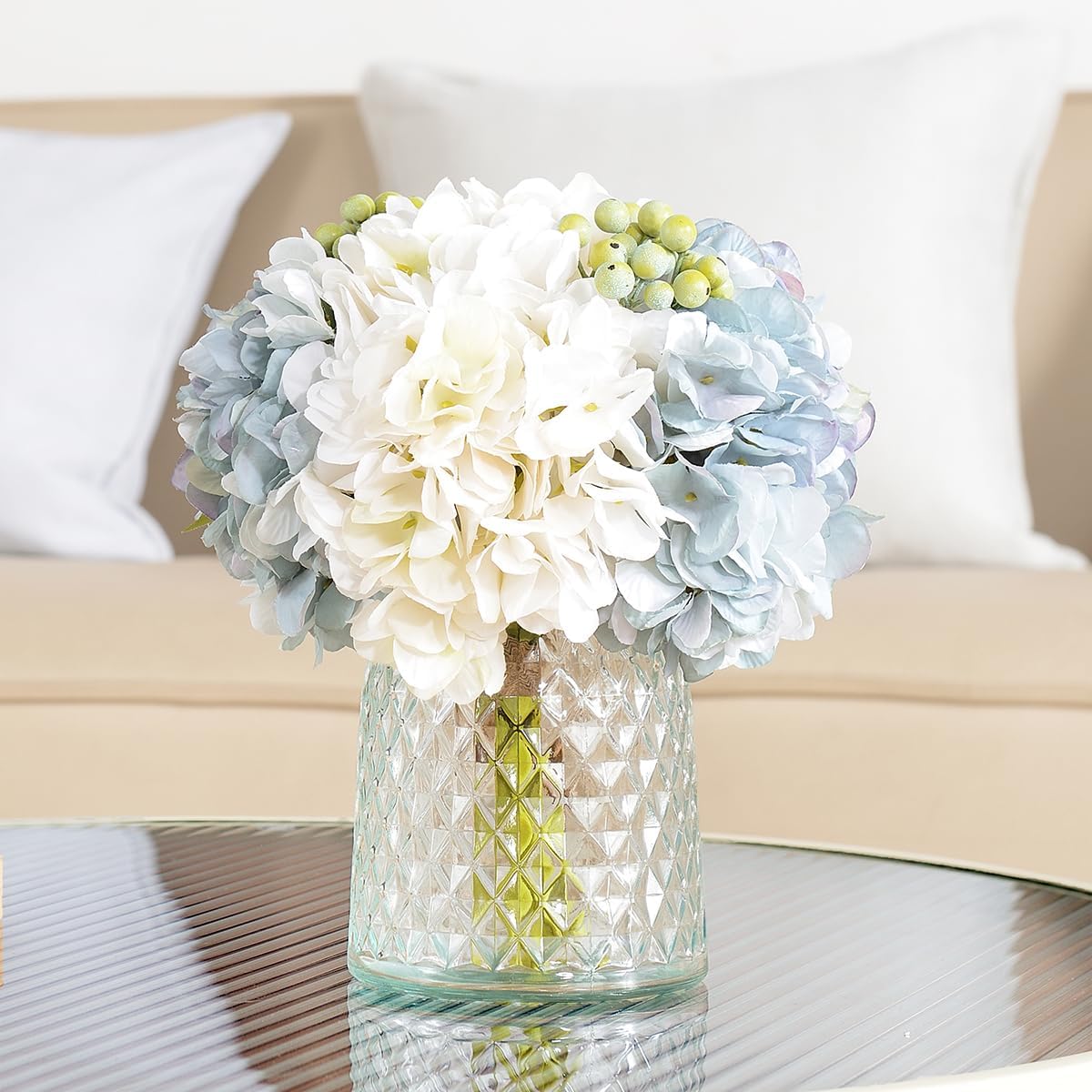 Hydrangeas Floral Arrangement in Glass Vase, Fake Flowers Silk Hydrangea Artificial Flowers with Vase for Home Office Decoration, Dining Table Centerpiece(Pink)