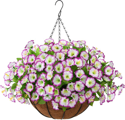 Homsunny Artificial Fake Hanging Flowers with Basket for Outdoors, Faux Silk Petunias Flower Spring Summer Decor UV Resistant Look Real Outside Patio Front Porch Decorations