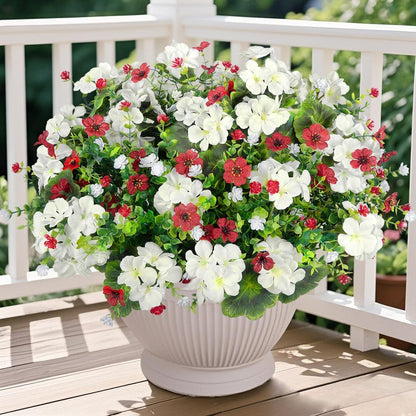 Ouddy Decor 18" Artificial Geranium Flowers for Outdoors, 10 Bundles Mixed Fake Silk Flowers Plastic Plants UV Resistant for Summer Garden Porch Patio Planter Kitchen Table Home Decor, Red