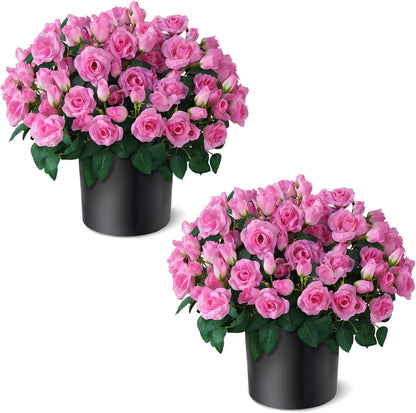 2 Set of Artificial Rose Topiary Trees - Faux Silk Flower Potted Plant, UV Resistant Fake Outdoor Rose Bush for Front Door, Farmhouse, Porch, Garden Decor (Pink)