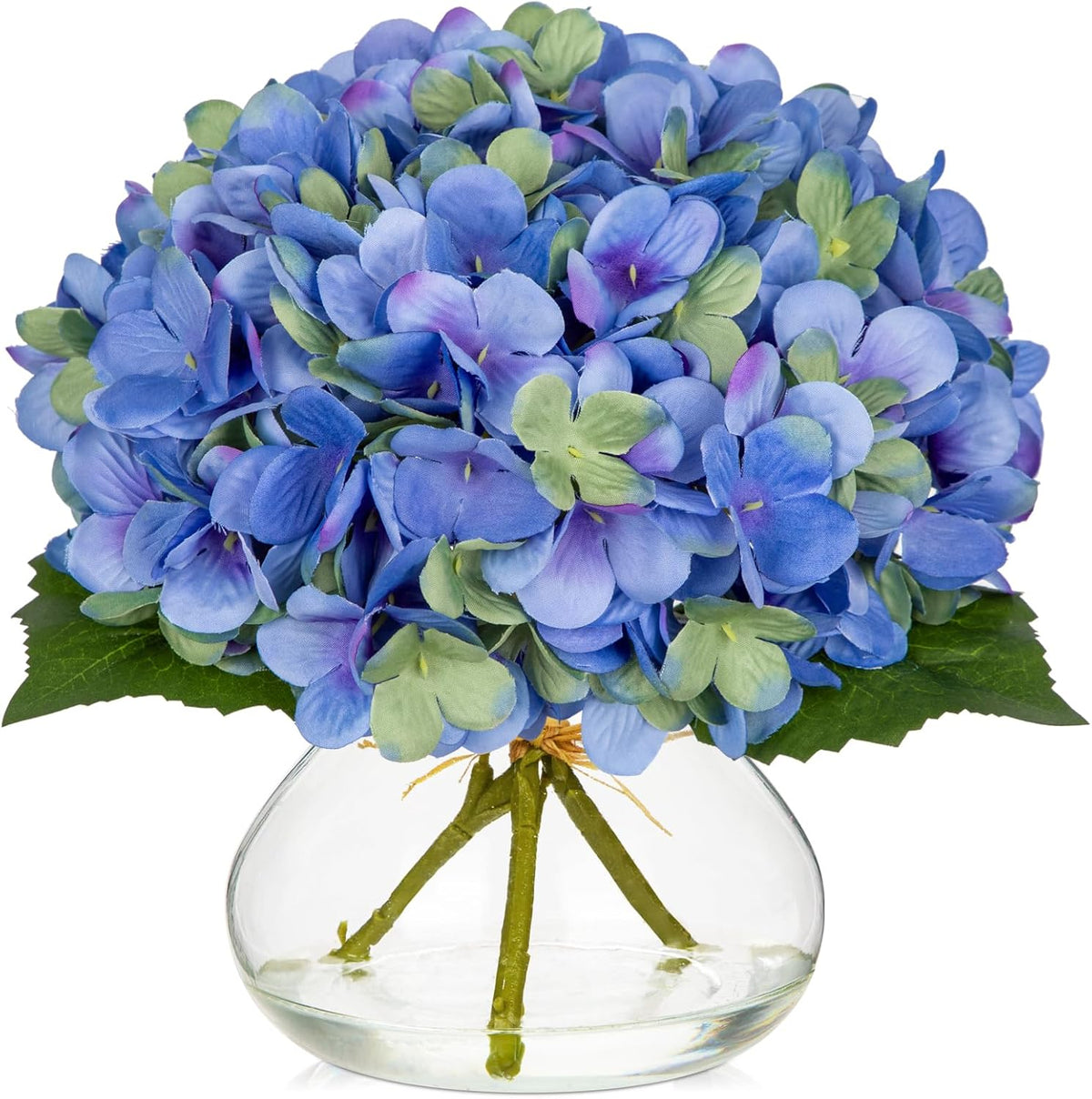 Hollyone Hydrangea Artificial Flowers with Vase White Silk Fake Flowers Arrangements in Glass Vase with Faux Water for Home Bathroom Office Table Centerpiece Shelf Decorations