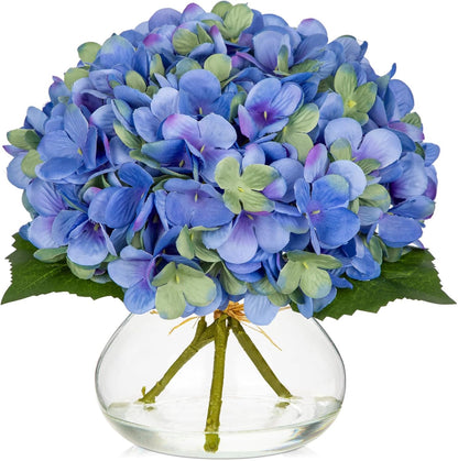 Hollyone Hydrangea Artificial Flowers with Vase White Silk Fake Flowers Arrangements in Glass Vase with Faux Water for Home Bathroom Office Table Centerpiece Shelf Decorations