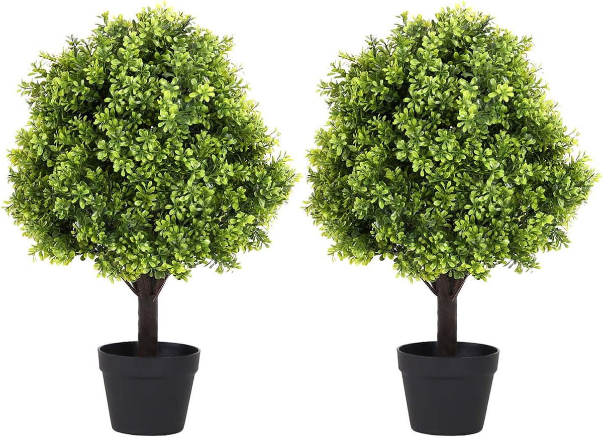 27“ Realistic Artificial Boxwood Topiary Trees Set of 2, Faux Boxwood Plants Outdoor UV-Resistant, No Maintenance Curb Appeal Fake Evergreen Bushes & Shrubs for Front Porch Outside Planter Decor