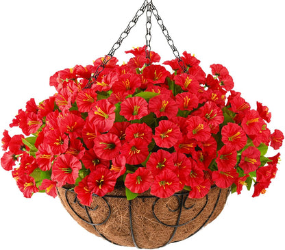 Homsunny Artificial Fake Hanging Flowers with Basket for Outdoors, Faux Silk Petunias Flower Spring Summer Decor UV Resistant Look Real Outside Patio Front Porch Decorations