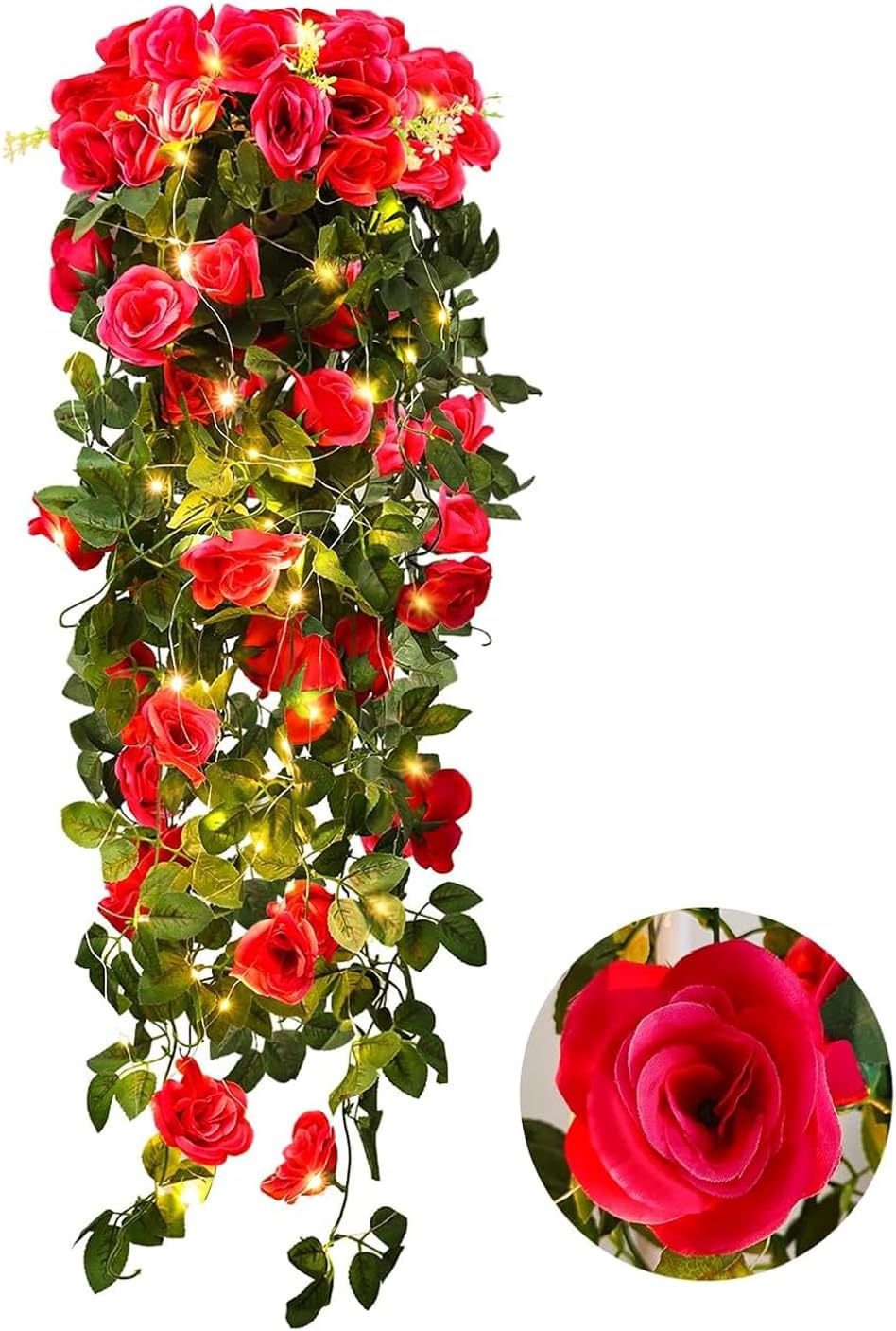 RECUTMS Artificial Hanging Rose Flower Plants Outdoor with 30 LED Fairy String Lights Fake Flowers for House Garden Patio Front Porch Indoor Decor (Purple)