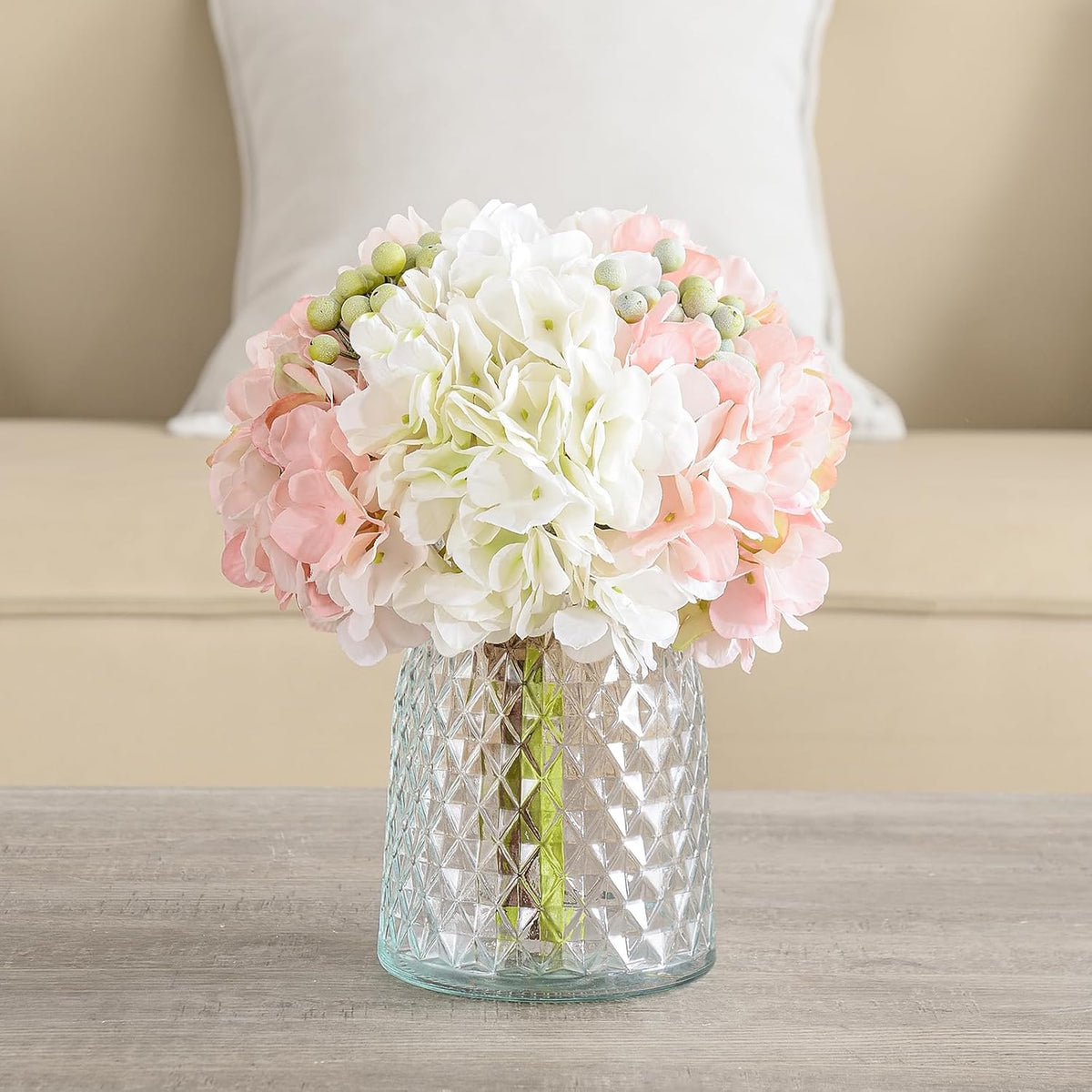 Hydrangeas Floral Arrangement in Glass Vase, Fake Flowers Silk Hydrangea Artificial Flowers with Vase for Home Office Decoration, Dining Table Centerpiece(Pink)