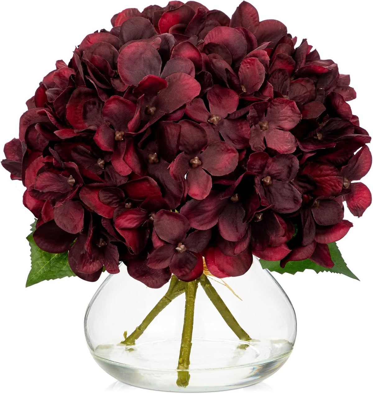 Hollyone Hydrangea Artificial Flowers with Vase White Silk Fake Flowers Arrangements in Glass Vase with Faux Water for Home Bathroom Office Table Centerpiece Shelf Decorations