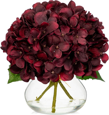 Hollyone Hydrangea Artificial Flowers with Vase White Silk Fake Flowers Arrangements in Glass Vase with Faux Water for Home Bathroom Office Table Centerpiece Shelf Decorations