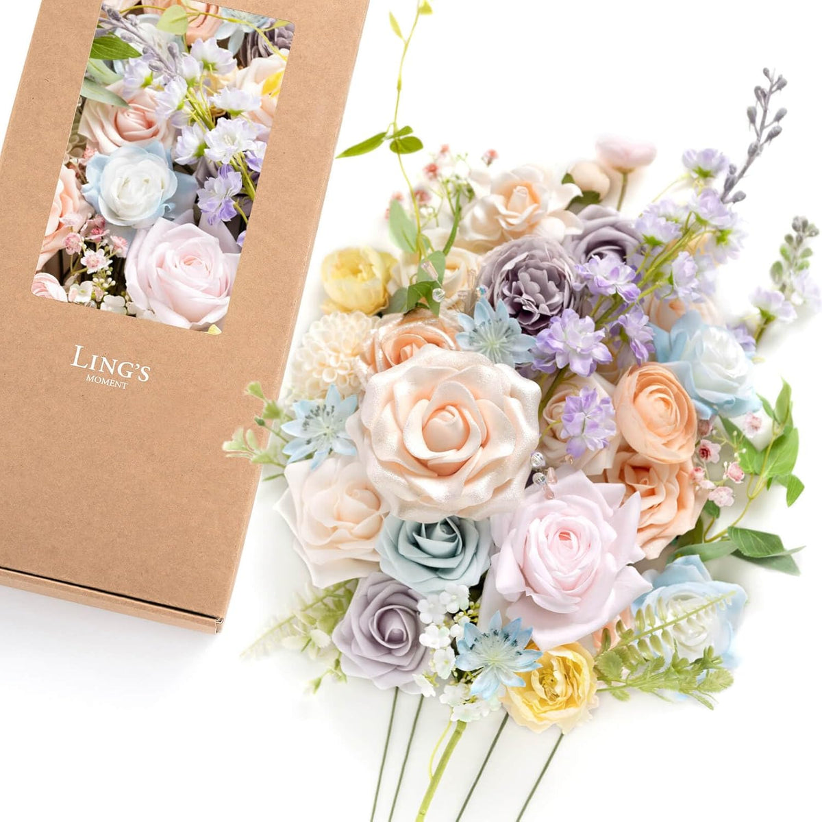 Ling's moment Fake Flowers Box, Faux Artificial Greenery Stems Foam Roses Silk Peony Ranunculus Fabic Flower for Centerpieces Bouquet Wedding Vase Floral Decorations, Garden Blush, Deluxe Combo