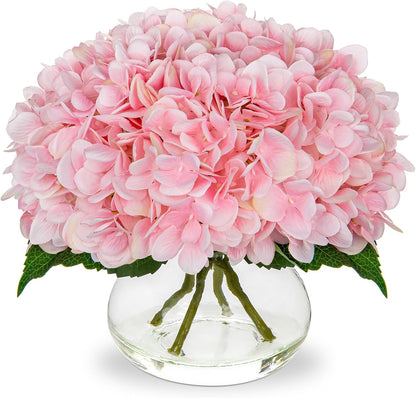 Hollyone Hydrangea Artificial Flowers with Vase White Silk Fake Flowers Arrangements in Glass Vase with Faux Water for Home Bathroom Office Table Centerpiece Shelf Decorations