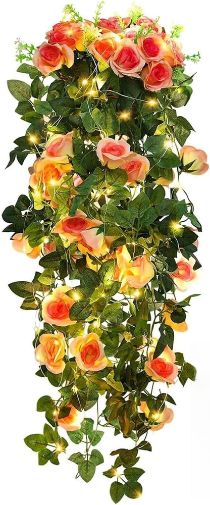 RECUTMS Artificial Hanging Rose Flower Plants Outdoor with 30 LED Fairy String Lights Fake Flowers for House Garden Patio Front Porch Indoor Decor (Purple)