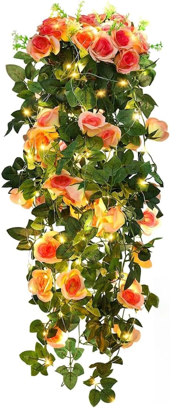 RECUTMS Artificial Hanging Rose Flower Plants Outdoor with 30 LED Fairy String Lights Fake Flowers for House Garden Patio Front Porch Indoor Decor (Purple)
