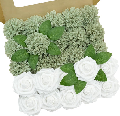 Artificial Flowers, Realistic 50 Pcs Artificial Rose for DIY Wedding Bouquets Centerpieces Arrangements, Sage Green Dahlia Flowers with Stem for Bridal Shower Party Home Decorations