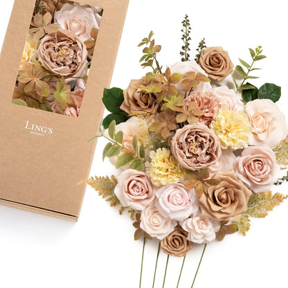 Ling's moment Fake Flowers Box, Faux Artificial Greenery Stems Foam Roses Poppy Gardenia Silk Hydrangea Peony Fabic Flower for Centerpieces Bouquet Wedding Floral Vase, English Pastel, Deluxe Combo