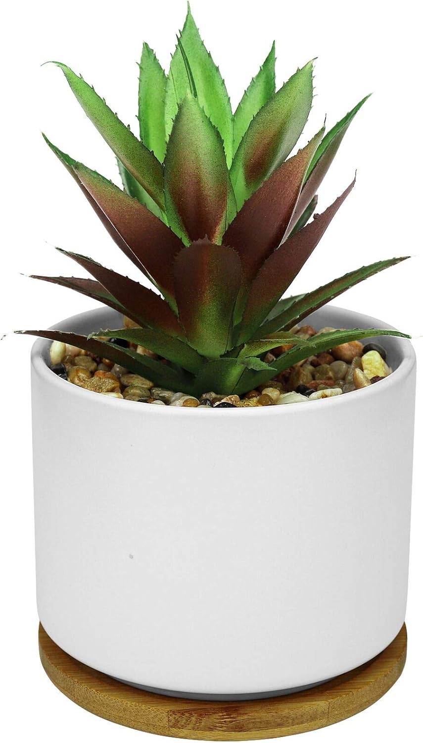 Hopewood Artificial Succulents Plant, Faux Agave Succulent Plant in Ceramic Pots with Bamboo Tray, Fake Potted Plants for Office Desk Living Room Decor(Set of 2)