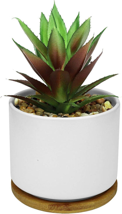 Hopewood Artificial Succulents Plant, Faux Agave Succulent Plant in Ceramic Pots with Bamboo Tray, Fake Potted Plants for Office Desk Living Room Decor(Set of 2)