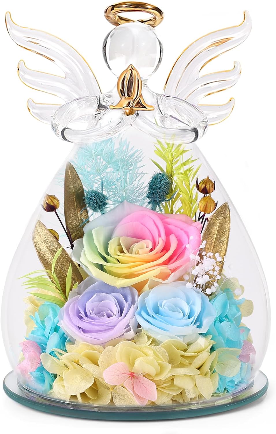 Gifts for Mom Birthday Gifts for Women Preserved Rose Forever Flower in Glass Angel Figurines Fresh Flowers for Delivery Anniversary Mothers Day Real Colorful Roses for Grandma Her Wife from Daughter