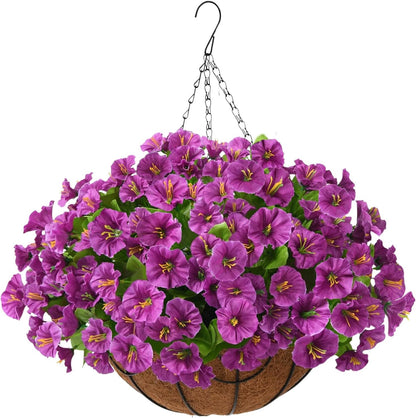 Homsunny Artificial Fake Hanging Flowers with Basket for Outdoors, Faux Silk Petunias Flower Spring Summer Decor UV Resistant Look Real Outside Patio Front Porch Decorations