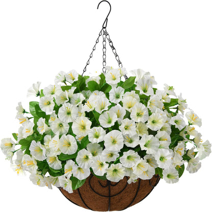 Homsunny Artificial Fake Hanging Flowers with Basket for Outdoors, Faux Silk Petunias Flower Spring Summer Decor UV Resistant Look Real Outside Patio Front Porch Decorations