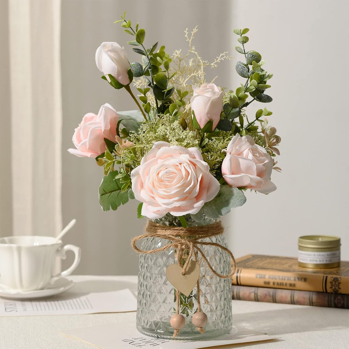 YJ Fake Flowers with Vase, Silk Roses Artificial Flowers in Vase, Faux Flower Plant Arrangement Suitable for Home Office Decoration, Dining Table Centerpiece(White)
